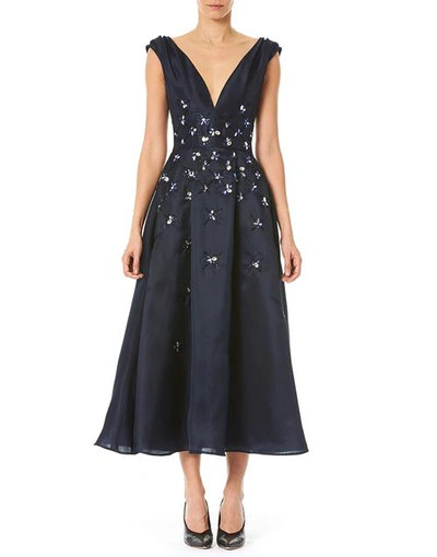 Shop Carolina Herrera V-neck Embroidered Dress In Sapphire