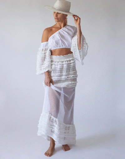 Shop Chio Long Macrame Fringe Skirt In White