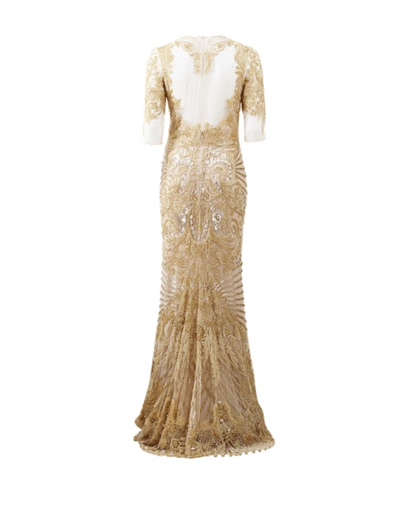 Shop Naeem Khan Illusion Neckline Embroidered Gown In Gold