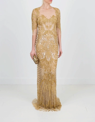 Shop Naeem Khan Illusion Neckline Embroidered Gown In Gold