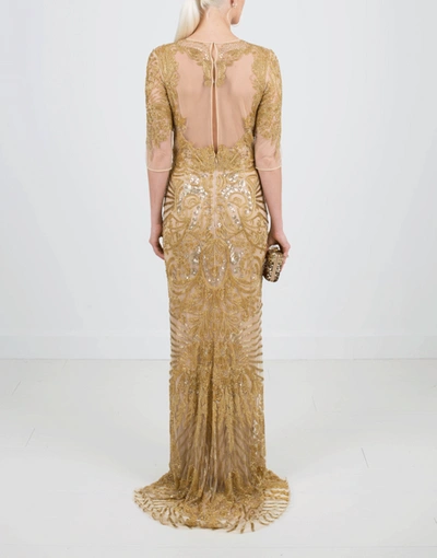 Shop Naeem Khan Illusion Neckline Embroidered Gown In Gold