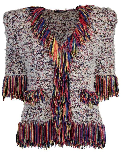 Shop Balmain Mutli-color Collarless Fringe Tweed Jacket In Multi