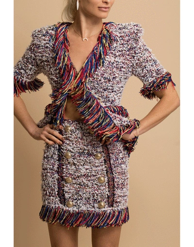 Shop Balmain Mutli-color Collarless Fringe Tweed Jacket In Multi