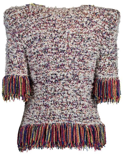 Shop Balmain Mutli-color Collarless Fringe Tweed Jacket In Multi