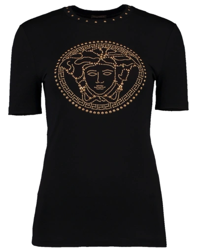 Shop Versace Globe Gold Stud Logo Tee In Black