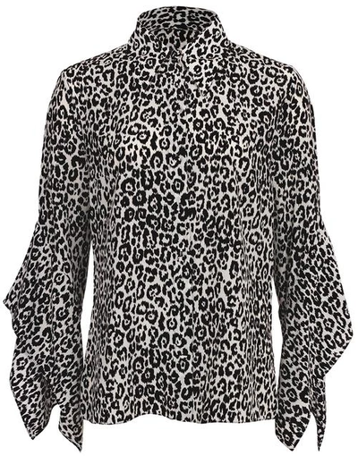 Shop Michael Kors Leopard Silk Draped-sleeve Blouse In Blk/ivry