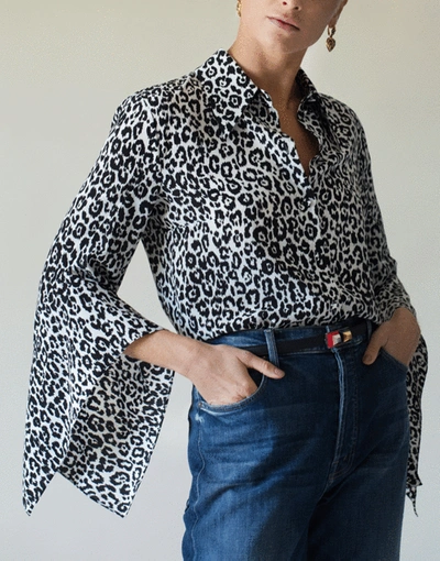 Shop Michael Kors Leopard Silk Draped-sleeve Blouse In Blk/ivry
