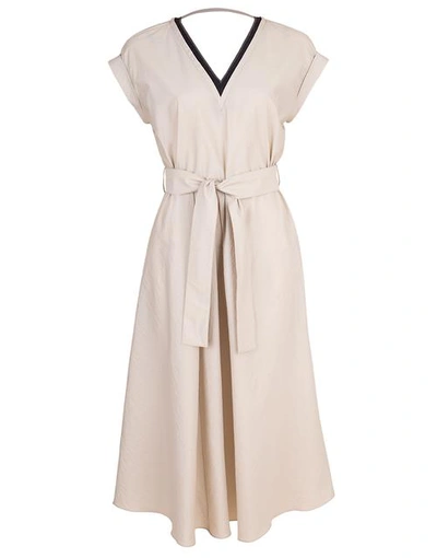 Shop Brunello Cucinelli Cap Sleeve Belted V-neck Dress In Beige