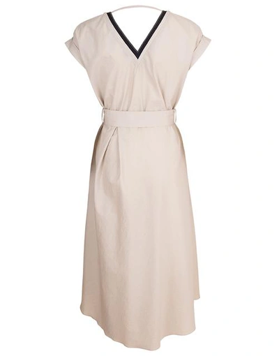 Shop Brunello Cucinelli Cap Sleeve Belted V-neck Dress In Beige