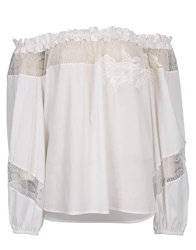 Shop Blumarine Lace Off Shoulder Top In White