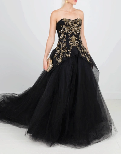 Shop Marchesa Gold Embroidered Tulle Gown