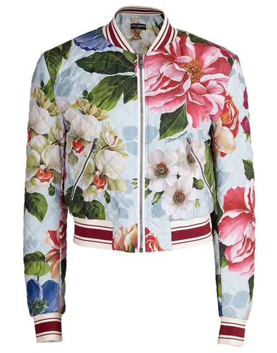 Shop Dolce & Gabbana Blue Floral Print Quilted Bomber Jacket