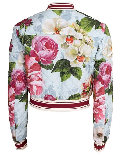 Shop Dolce & Gabbana Blue Floral Print Quilted Bomber Jacket