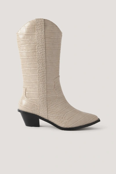 Shop Na-kd Straight Croc Cowboy Boots - Beige In White