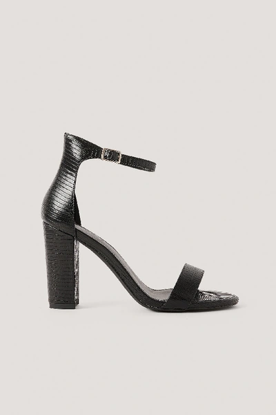 Shop Na-kd Basic High Heel Block Sandals - Black In Black Croco