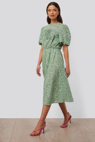 Shop Na-kd Short Puff Sleeve Midi Dress Flower In Green Flower