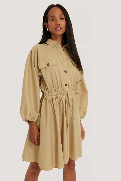 Shop Na-kd Elastic Waist Long Sleeve Shirt Dress - Beige
