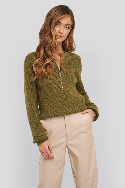 Shop Na-kd Zipper Front Knitted Sweater - Green