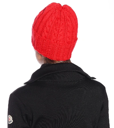 Shop Moncler Cable-knit Wool Beanie Hat In Red