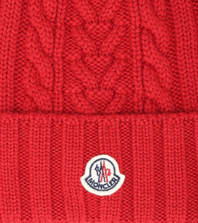 Shop Moncler Cable-knit Wool Beanie Hat In Red