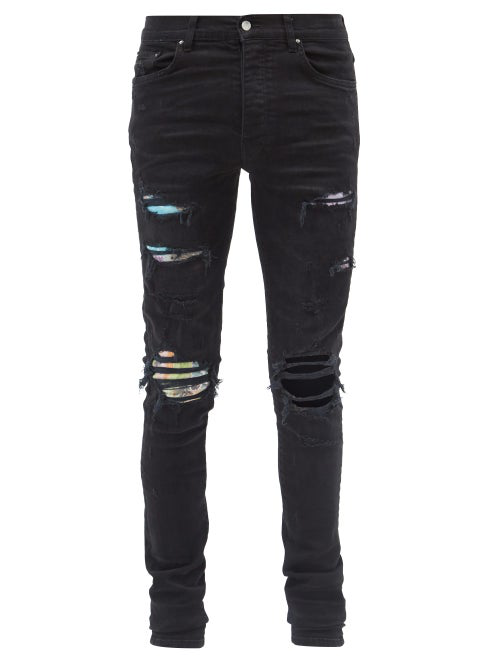 Amiri Hawaiian Print Patch Distressed Skinny Jeans In Abl | ModeSens