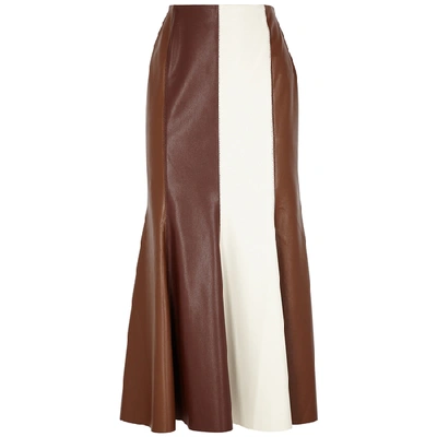 Shop Nanushka Artem Striped Faux Leather Midi Skirt In Brown