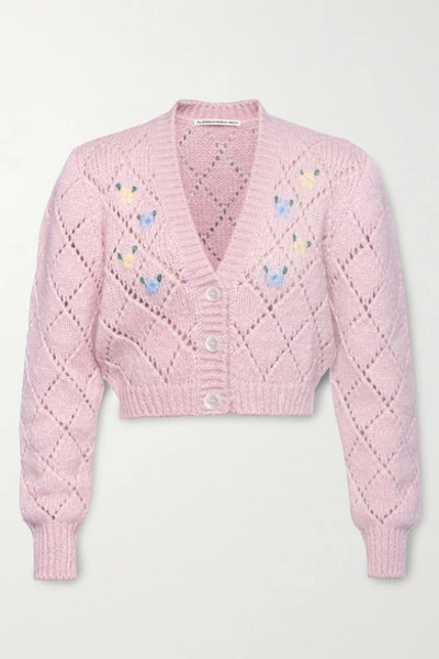 Shop Alessandra Rich Cropped Embroidered Pointelle-knit Alpaca-blend Cardigan In Pastel Pink