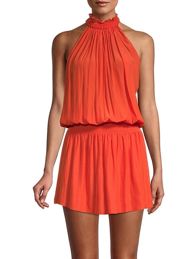 Shop Ramy Brook Elodie Highneck Smocked Mini Dress In Orange