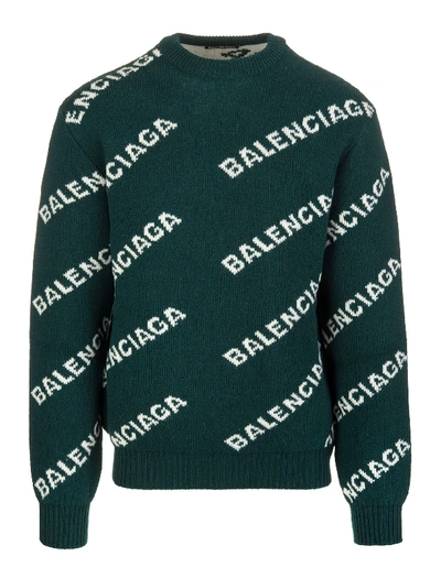 Shop Balenciaga Green Man Pullover With White All-over Logo In Forest Green/white