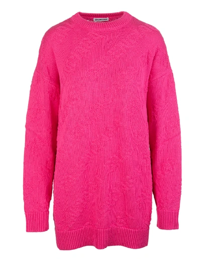 Shop Balenciaga Woman Pink Oversize Pullover With 3d Logo In Shocking Pink