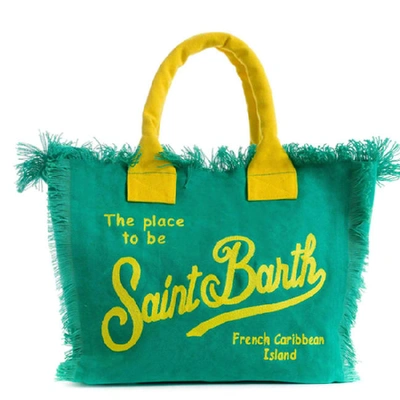 Shop Mc2 Saint Barth Saint Barth Yellow Embroidery Green Canvas Bag