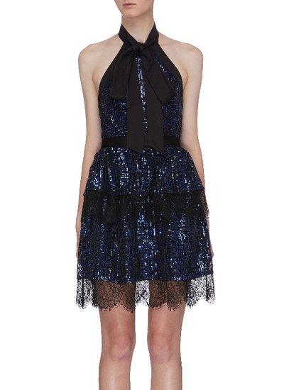 Shop Self-portrait Sequin Check Lace Trim Tiered Halterneck Dress In Blue