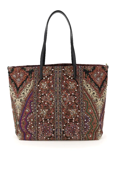 Shop Etro Reversible Jacquard Tote Bag In Black,orange,purple