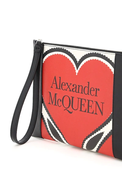 Shop Alexander Mcqueen Leather Pouch Heart Print In White,black,red