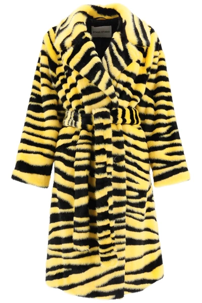 Shop Stand Studio Chrystal Eco-fur Coat In Yellow,black