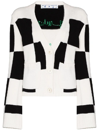 Shop Off-white Checkered Fine-knit Cardigan In White