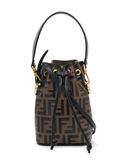 Fendi Brown/Black Zucca Leather Mini Mon Tresor Drawstring Bucket Bag Fendi