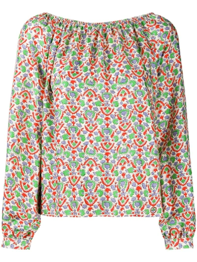 Shop Tory Burch Off The Shoulder Paisley Print Silk Top In Green