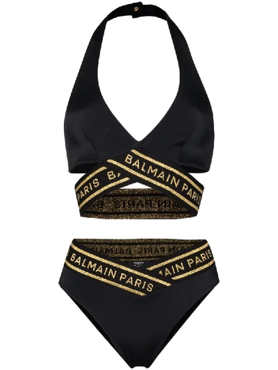 Shop Balmain Halterneck Logo Bikini Set In Black