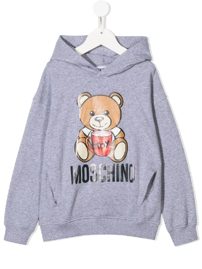 Shop Moschino Teddy Bear Logo Print Hoodie In Grey