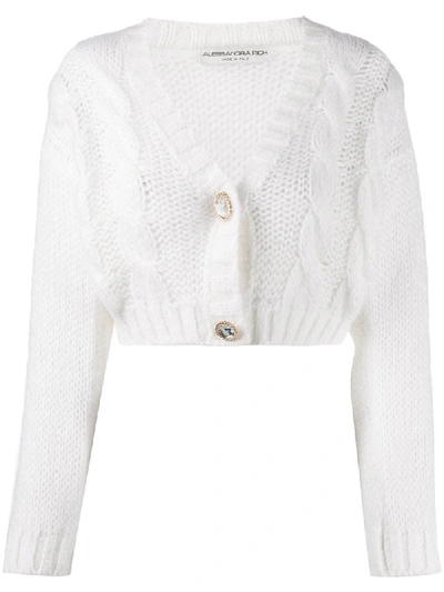 Shop Alessandra Rich Cropped Cable Knit Cardigan In White