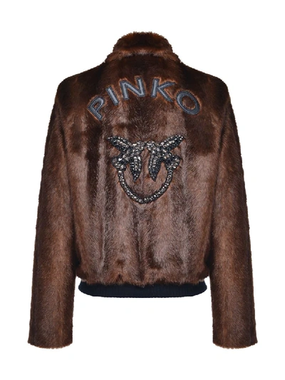 Shop Pinko Embellished Bird Shearling Jacket In Brown