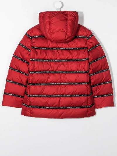 Shop Philipp Plein Junior Hooded Logo Tape Padded Jacket In Red
