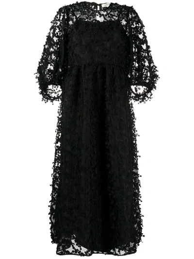 Shop Cecilie Bahnsen Floral-embroidered Silk Dress In Black