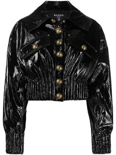 Shop Balmain Varnished Crop Button-up Jacket In Black