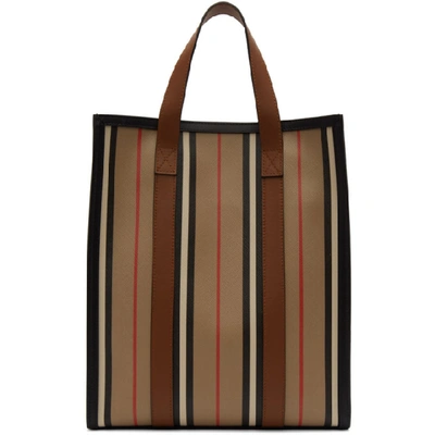 Shop Burberry Beige And Multicolor Small Striped Canvas Tote In Archive Bei