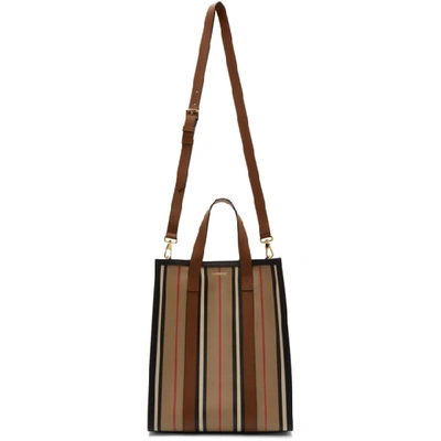 Shop Burberry Beige And Multicolor Small Striped Canvas Tote In Archive Bei