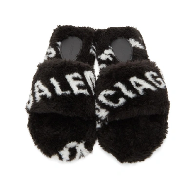 Shop Balenciaga Black Faux-fur Logo Fluffy Sandals In 1090 Blk/wh