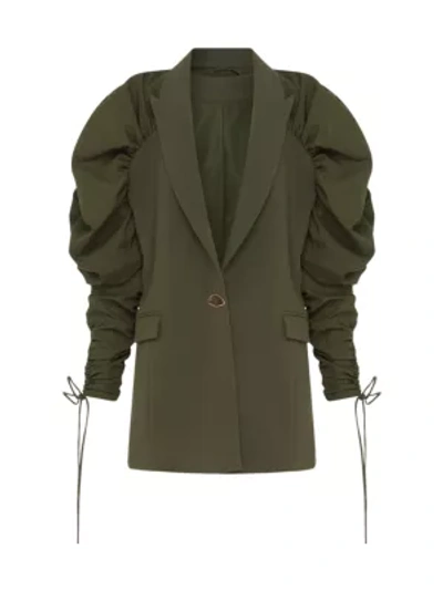 Shop Aje Drawstring Puff-sleeve Blazer In Olive