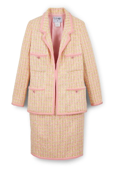 Pre-owned Chanel Spring 1996 Pink & Yellow Tweed Skirt Suit